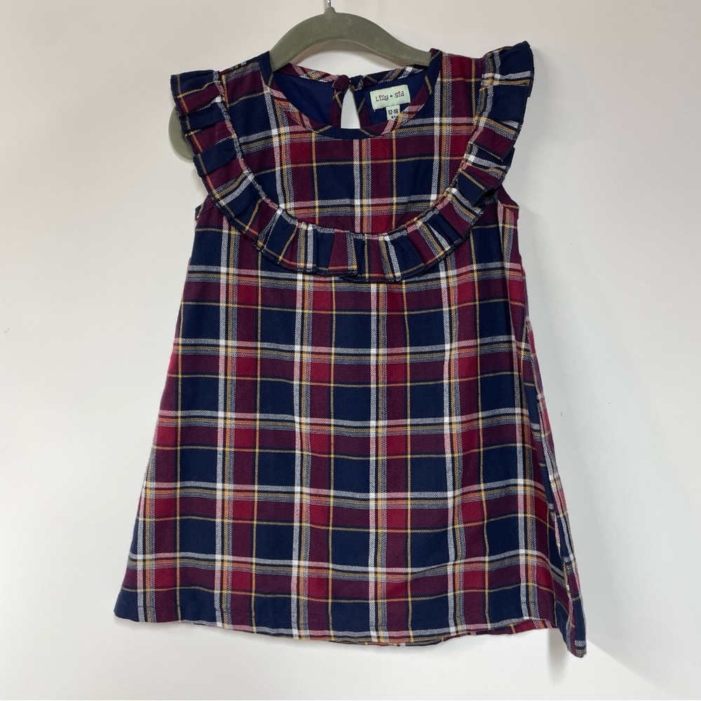 Lilly & Sid 12-18 mo Fall Plaid A Line Ruffle Dress Burgandy Navy & Gold Autumn